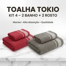 KIT 4 Peças 2 Toalhas Banho e 2 Rosto Tokio Grande Macia 100% Algodão Seca Rápido Ótima Absorção