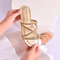 Sandália Rasteira  Feminina Lumina Tira Com Strass Trançada  Brilho Conforto Elegante