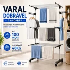 Varal De Chão Roupa Calcinha Grade 3 Andares Dobrável Portátil Studio Vertical Apartamento Estudio