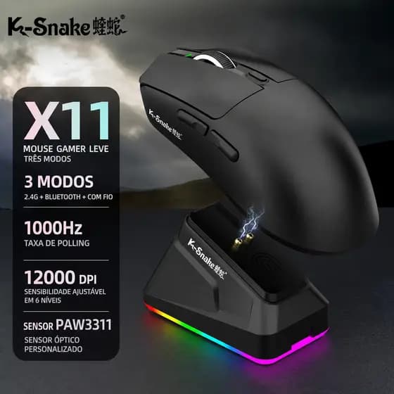 Mouse Gamer K-Snake X11 Profissional RGB 12000DPI 3 Modos Wireless 2.4G Bluetooth USB com Dock de Carregamento