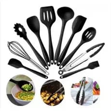 Kit Utensílios De Cozinha Silicone Preto Concha Escumadeira Espátula