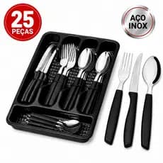 Conjunto Jogo De Talheres 25 Peças Inox Premium + Gaveteiro Organizador Porta Talheres Cozinha