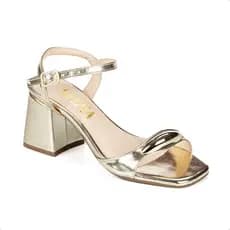 Sandália Feminina Salto Médio Grosso Quadrado Enfeite Dourado Oval Trend Caramelo Moda Fashion Blogueira Lançamento