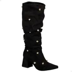 Bota Feminina Montaria Enrugada Enfeites Bolas Blogueira Salto Bloco ´Lançamento Inverno Bico Fino Cano Longo