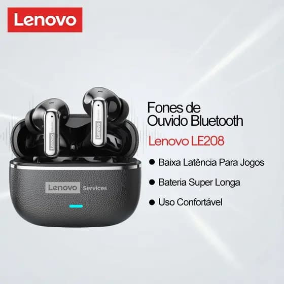 Fones de Ouvido para Jogos Lenovo LE208 e Fones Bluetooth com Baixa Latência e Som HiFi com Bateria de Longa Duração