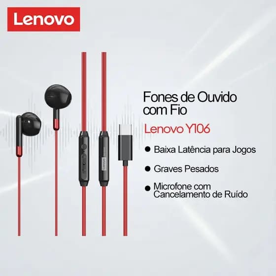 Fones De Ouvido Com Fio Lenovo Y106 E Y106PRO Microfone Cancelamento De Ruído Áudio Zero Lag Mais Graves Pesados Para Jo