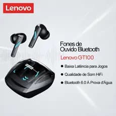 Lenovo GT100 Fones De Ouvido Para Jogos Bluetooth Baixa Latência Intra-Auricular À Prova D'água Qualidade De Som HIFI Co