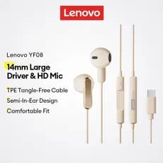 Fones De Ouvido Com Fio Lenovo YF08 E Semi-Intra-Auriculares Driver Dinâmico Grande De 14 Mm Microfone HD Mais Cabo Sem