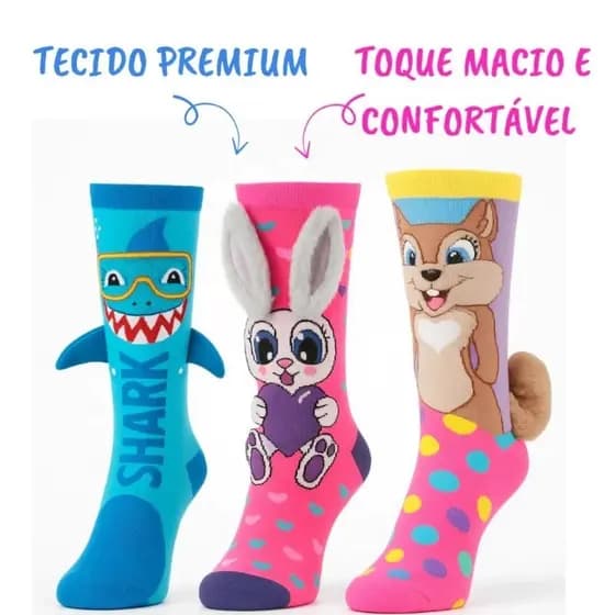 Meia 3D Excelente Estampas por partes Felpudo Conforto Divertido Tamanho ÚNICO veste numeração dos 24 ao 34 Estica bem