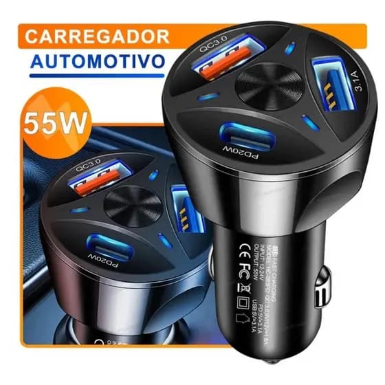 Carregador Veicular Turbo USB 3.0 USB-c USB 3.1A Carregamento Rapido 55w Otima qualidade Envios Imediatos