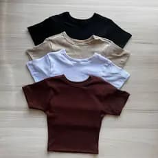 Kit 4 Cropped Manga Curta Canelado Manguinha Gola Redonda Ribana Canelada Algodão Blusinha Curta Camiseta Básica Zara