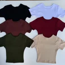 Kit 2 Cropped Manga Curta Canelado Manguinha Gola Redonda Ribana Canelada Algodão Blusinha Curta Camiseta Básica Cores