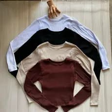 Cropped Manga Longa Canelado Inverno Ribana Canelada Algodão Croped Camisa Gola Redonda Blusinha Feminina Manga Cumprida