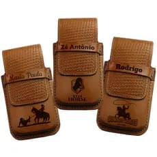 Capinha Bainha Personalizada para Celular Smartphone em Couro 100% Legítimo, Bordado, Natural