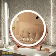 Espelho Maquiagem LED Recarregável Redondo 3 Luzes Touch Moderno Grande Giratório Rose Gold