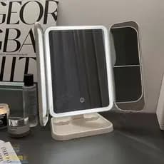 Espelho Maquiagem Camarim Dobrável Triplo Touch Luzes LED Ampliação 2 e 3 X ZOOM Recarregável
