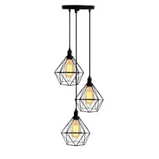 Lustre Pendente Diamante 3 Luzes Preto LED Moderno Sala Jantar Cozinha Decoração Luxo