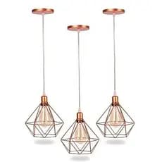 3 Pendentes Lustre Luminaria Diamante Aramado Rose/Preto/Dourado Cabo Regulavél