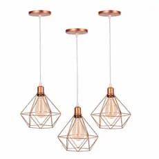 3 Pendentes Lustre Luminaria Diamante Aramado Rose/Preto/Dourado Cabo Regulável