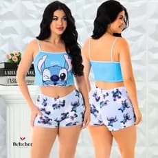 Baby Doll Cropped Pijama Feminino Linha Noite Personagens Variados Suede