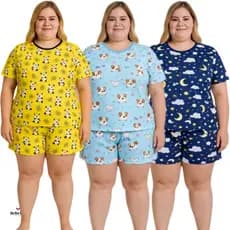 Baby Doll Plus Size Short de Dormir Pijama Verão Estampado Feminino Roupa Linha Noite Fresquinho