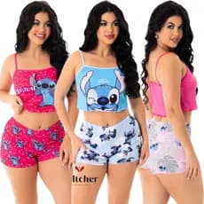 KIT 5 OU 3 Pijama Baby Doll Cropped e Short com Estampas Pijama Feminino Virginia Personagens