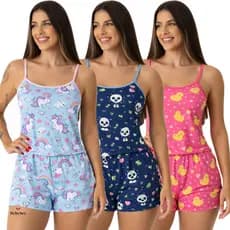 Pijama de Dormir Macaquinho Pijama Verão Estampado Feminino Roupa Linha Noite Fresquinho