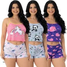 Pijama Estampado Personagens Bady Doll Suede Stitch Roupa de Dormir Top Doll