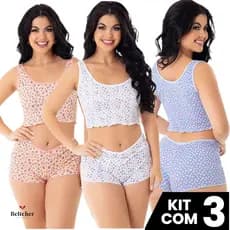 Kit 3 Baby Doll Short de Dormir Pijama Verão Estampado Feminino Roupa Linha Noite Fresquinho