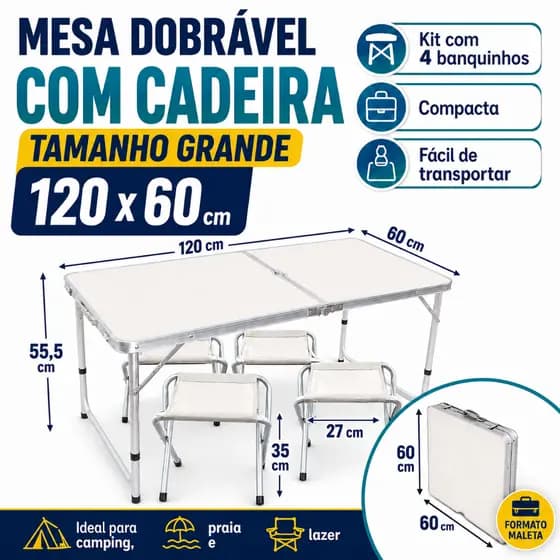 120x60cm Mesa Dobrável COM CADEIRA Portátil Vira Escrivaninhas e Mesas Maleta Camping Praia