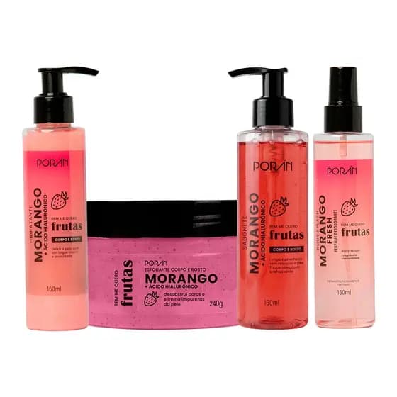 Kit Cuidado com a Pele Pós Banho para Rosto e Corpo Morango Porán Linha Bem Me Quero com Bodysplash