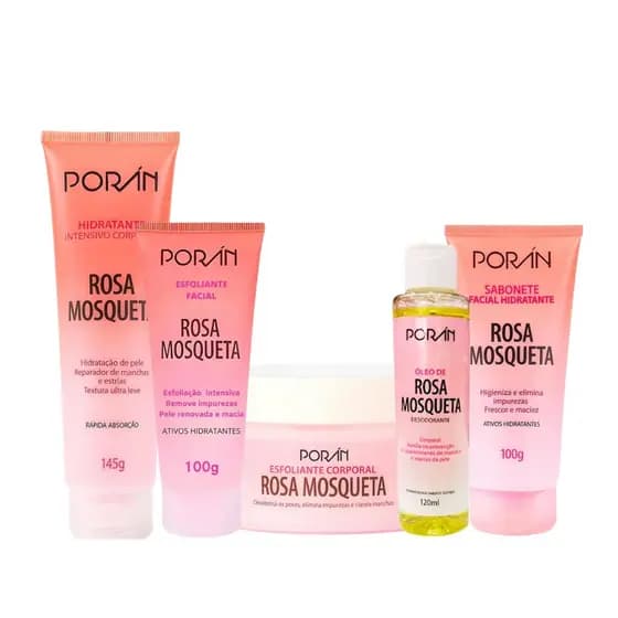 Kit Skin Care Completo Pele Seca Hidratante com Óleo de Rosa Mosqueta Porán 5 itens