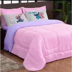 JOGO DE CAMA KIT EDREDOM CASAL QUEEN DUPLA FACE ESTAMPADO ( STITCH ) 05 PEÇAS VÁRIAS CORES PROMOÇÃO
