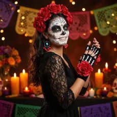 Conjunto 5 peças Acessórios Cosplay Caveira Mexicana ou Frida CARNAVAL Halloween Dia dos Mortos