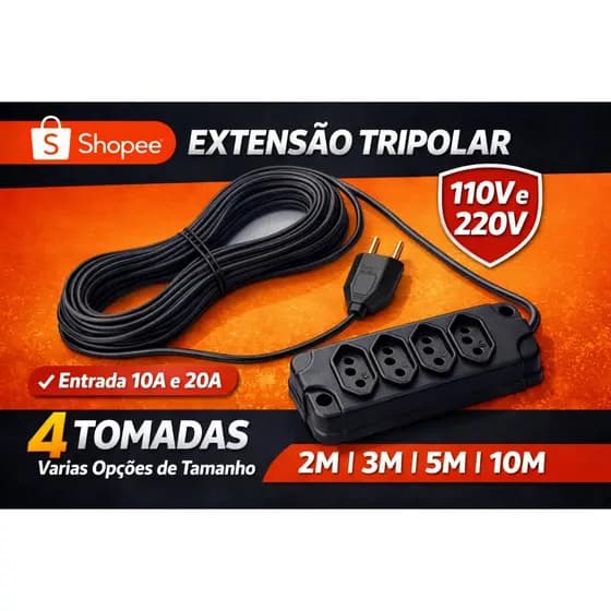 Extensão Elétrica Tripolar 4 Tomadas – 10A/20A – 110V/220V Disponível nos tamanhos: 2M • 3M • 5M • 10M