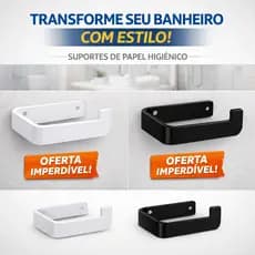 Suporte de papel higiênico com design moderno, alta durabilidade e acabamento disponível nas cores branco e preto.