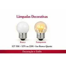 Kit com até 20 Lâmpadas Bolinha Decorativas E27 15W – Branca ou Transparente – Luz Quente 127/220V Varal de Luzes !