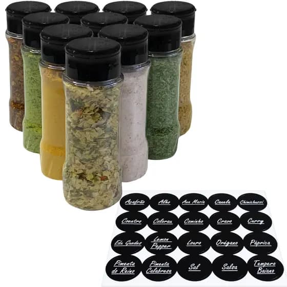 Conjunto de Potes Plástico para Condimentos Temperos com Etiquetas para Dispensa 10 Un