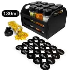 Caixote para Temperos MDF Reforçado + 12 Potes 130ml Tampa Dupla P/ Temperos Condimentos + Etiquetas