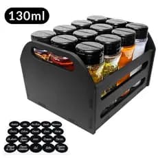 Caixote MDF com 12 Potes 130ml Tampa Dupla com Etiquetas - Potes para Temperos Grão Pó Hibisco