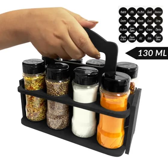 Suporte de MDF Resistente para Temperos com 8 Potes Plástico Tampa Dupla + Etiquetas