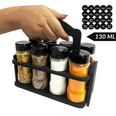 Suporte de MDF Resistente para Temperos com 8 Potes Plástico Tampa Dupla + Etiquetas