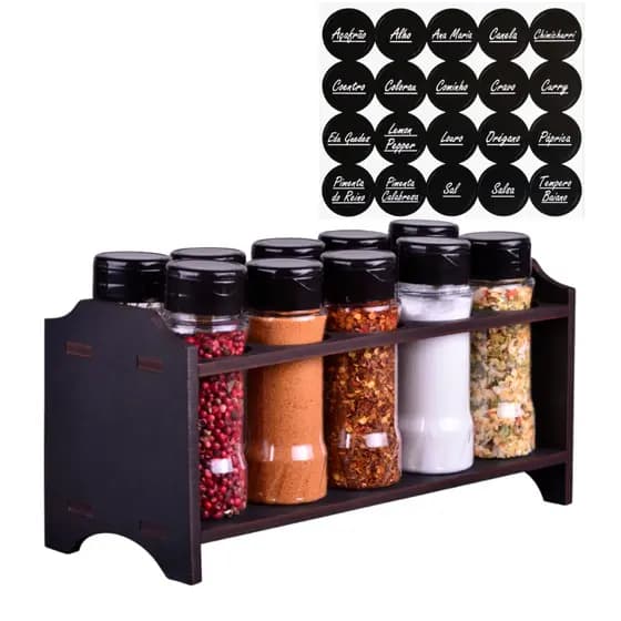 Conjunto de 10 Potes Plásticos com Etiquetas e Suporte Berço para Temperos Condimentos