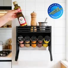 Suporte de Temperos e Papel Toalha para Parede com 5 Potes Tampa Dosadora Dupla 130ml Etiquetas