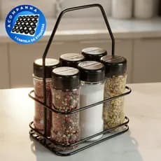Kit Porta Tempero Ferro Alça com 6 Potes Plástico 130ml Temperos Especiarias Cozinha