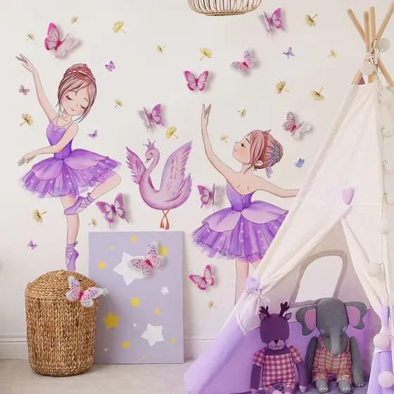 Adesivos de parede Ballet Dancing Girl Adesivos de parede Decoração de borboleta Adesivos de parede