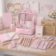Kit de Papelaria Completo 48 em 1 Infantil Rosa com Maleta de Senha | com Cadernos, Canetas, Marca Textos e Acessórios