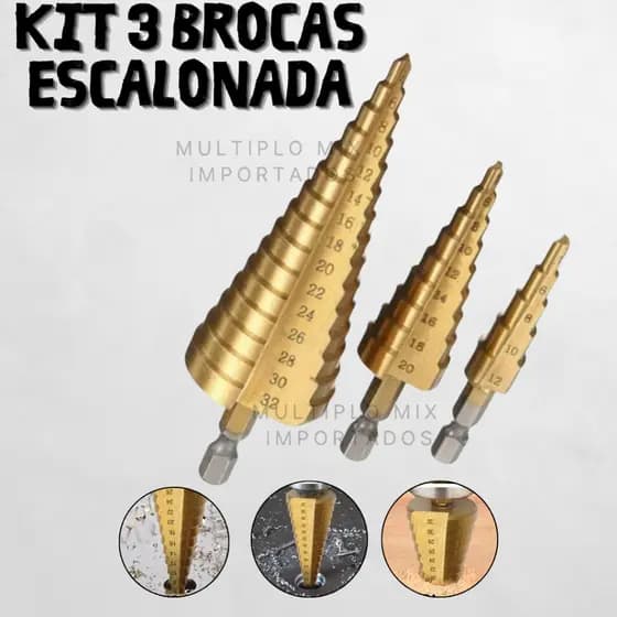 Kit Com 3 Brocas Escalonadas Cónicas 4-12 4-20 4-32mm Marcenaria Perfuração Obra em Aço Rápido Furadeira Multitamanhos