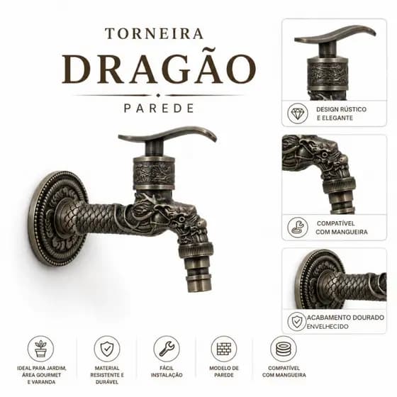 Torneira Dragão Vintage Bronze Rústica Parede Jardim Área Gourmet Saída Mangueira