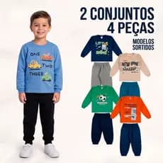 Kit 2 Conjuntos Moletom Infantil Masculino Flanelado Roupa Inverno Menino 4 Peças Algodão